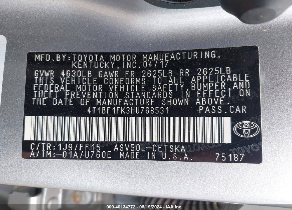 2017 TOYOTA CAMRY SE VIN: 4T1BF1FK3HU768531