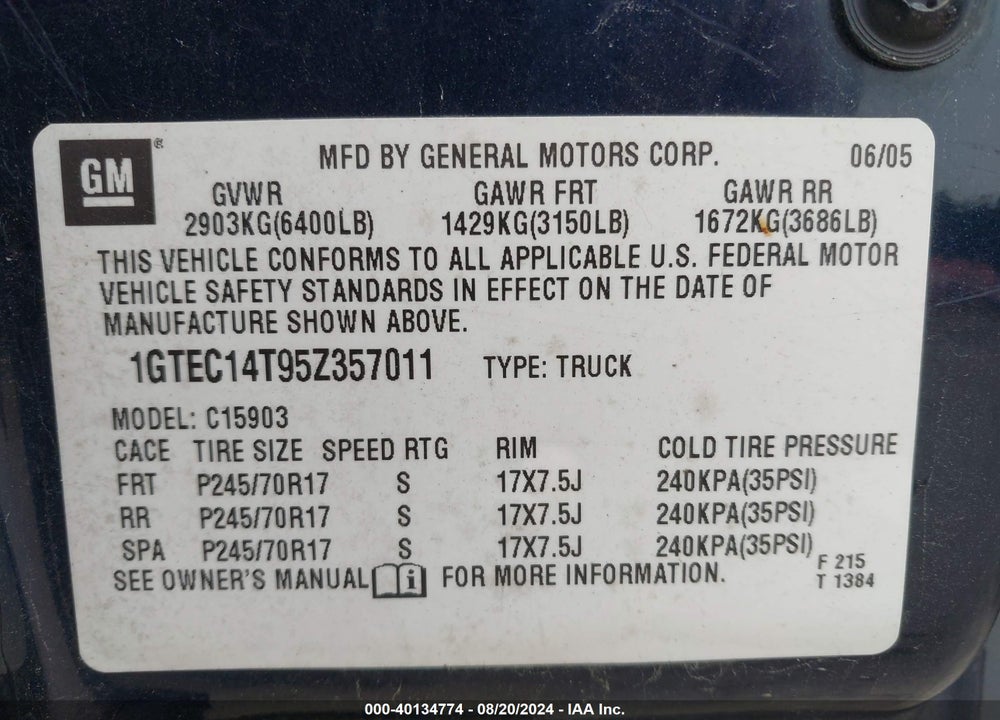 2005 GMC SIERRA 1500 SLE VIN: 1GTEC14T95Z357011