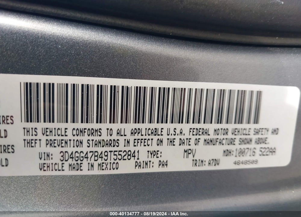 2009 DODGE JOURNEY SE VIN: 3D4GG47B49T552841