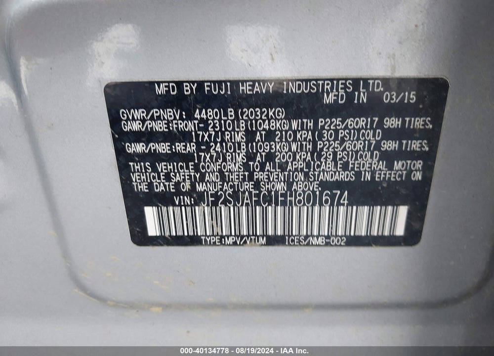 2015 SUBARU FORESTER 2.5I PREMIUM VIN: JF2SJAFC1FH801674
