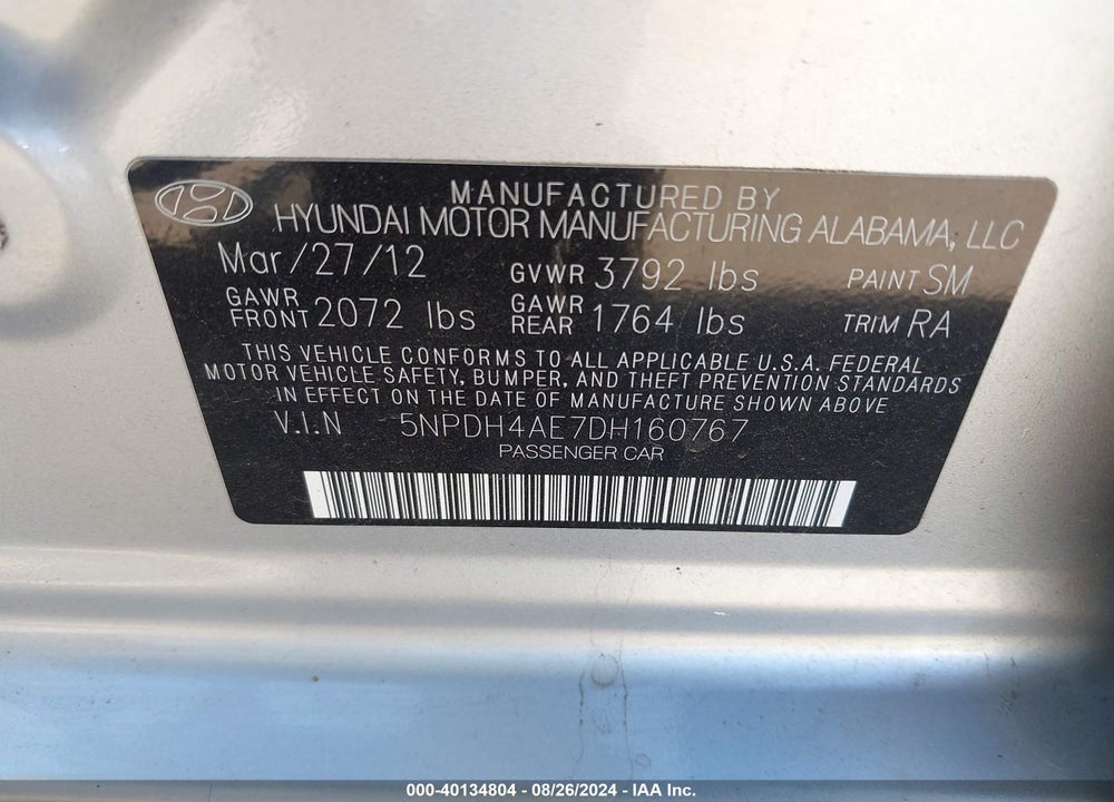 2013 HYUNDAI ELANTRA GLS VIN: 5NPDH4AE7DH160767