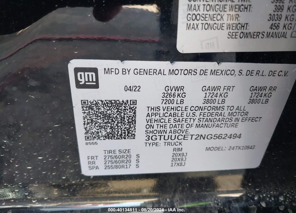 2022 GMC SIERRA 1500 4WD SHORT BOX ELEVATION WITH 3SB VIN: 3GTUUCET2NG562494