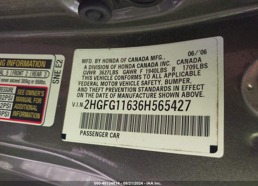 2006 HONDA CIVIC LX VIN: 2HGFG11636H565427