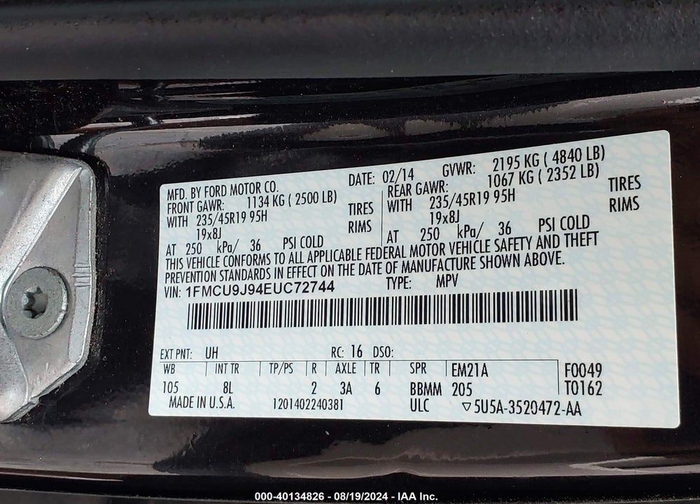2014 FORD ESCAPE VIN: 1FMCU9J94EUC72744