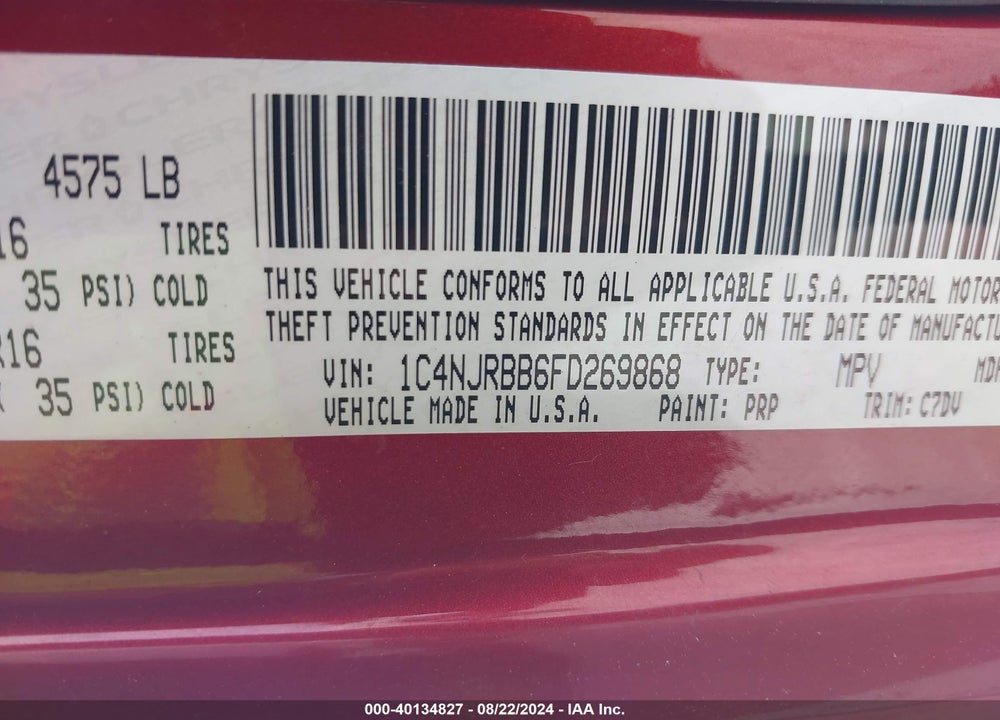 2015 JEEP PATRIOT SPORT VIN: 1C4NJRBB6FD269868