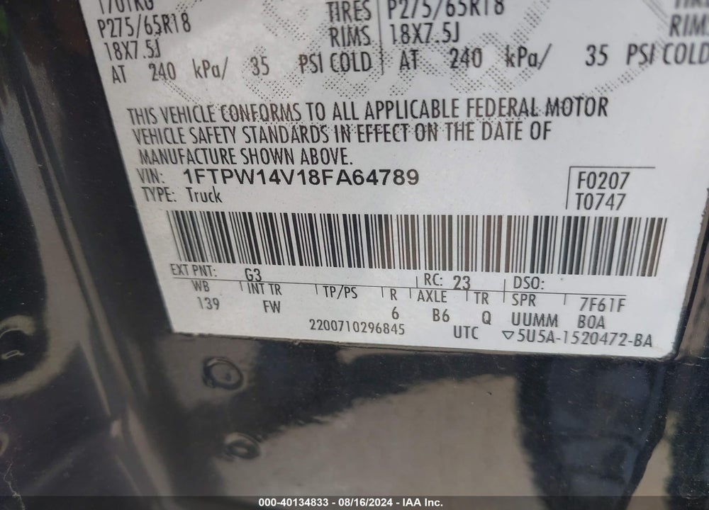 2008 FORD F-150 VIN: 1FTPW14V18FA64789