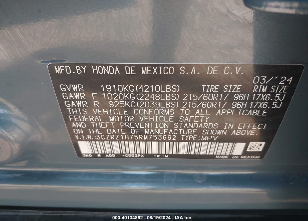 2024 HONDA HR-V VIN: 3CZRZ1H75RM753662