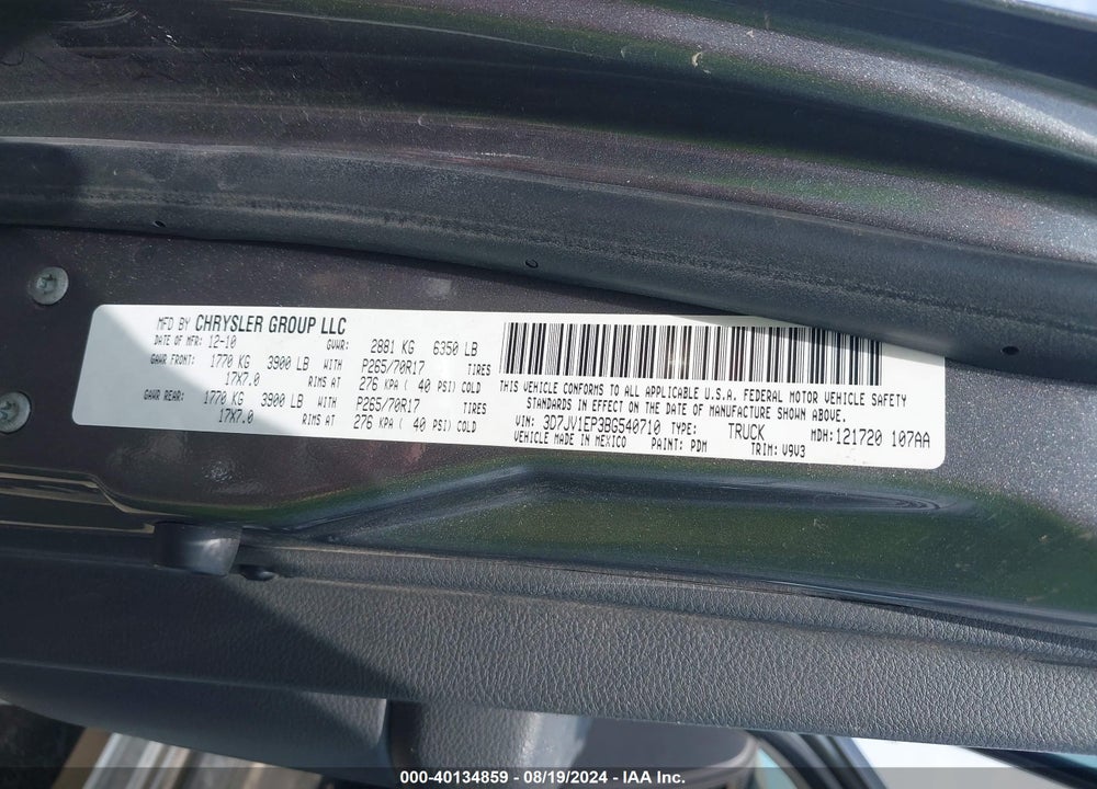 2011 RAM RAM 1500 VIN: 3D7JV1EP3BG540710