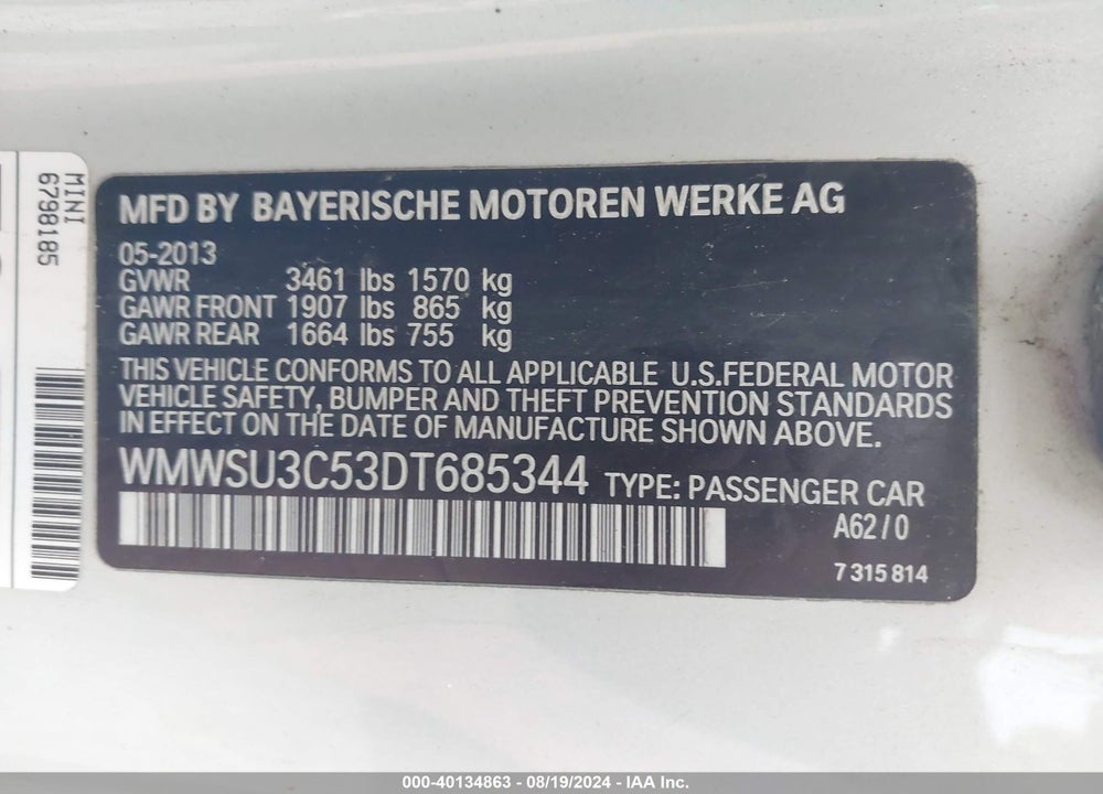 2013 MINI HARDTOP COOPER VIN: WMWSU3C53DT685344