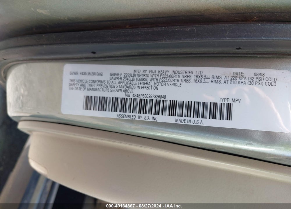 2009 SUBARU OUTBACK 2.5I VIN: 4S4BP60C997326848