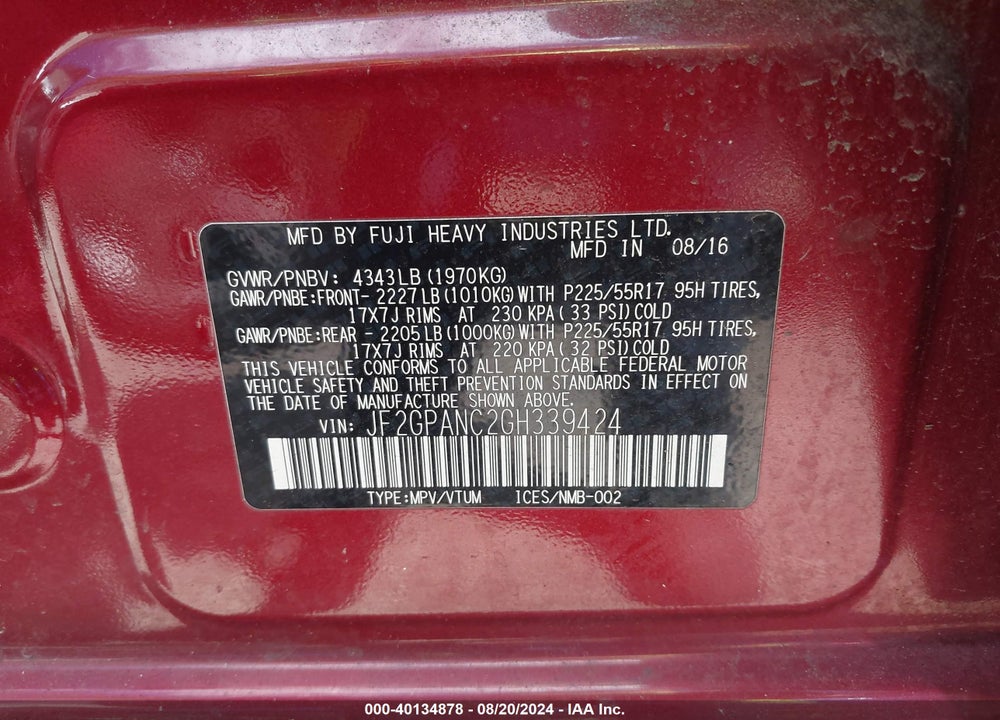 2016 SUBARU CROSSTREK LIMITED VIN: JF2GPANC2GH339424
