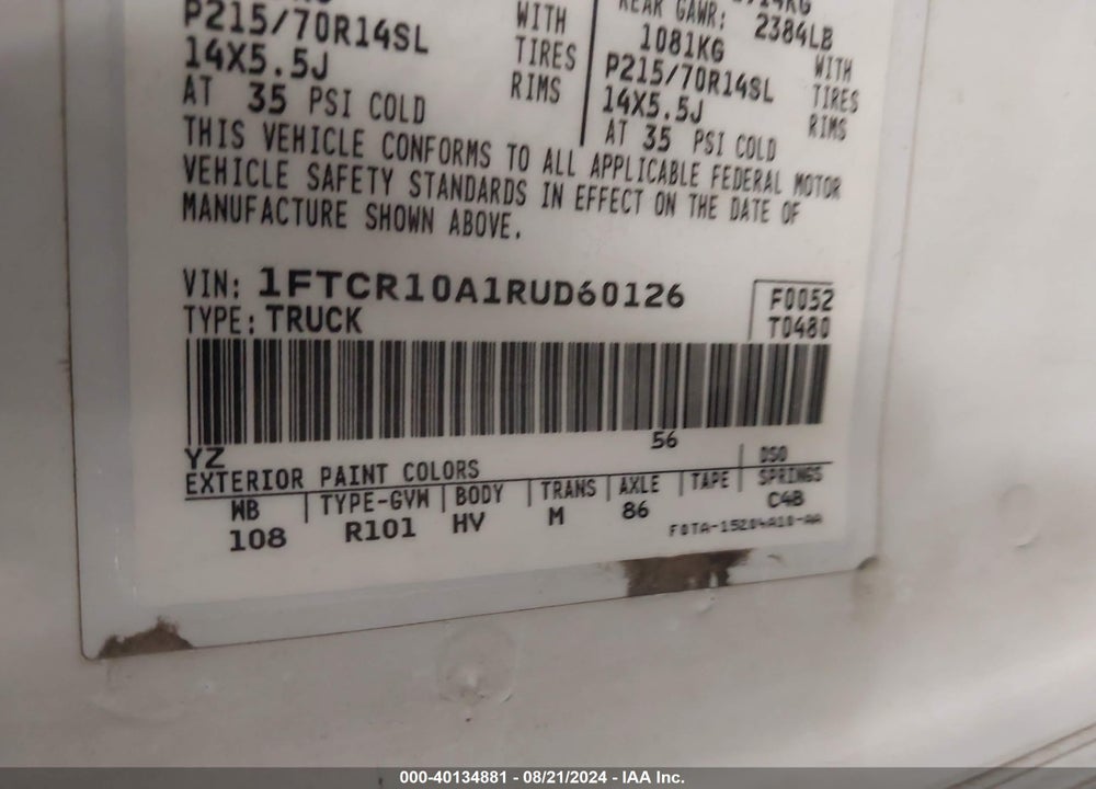 1994 FORD RANGER VIN: 1FTCR10A1RUD60126