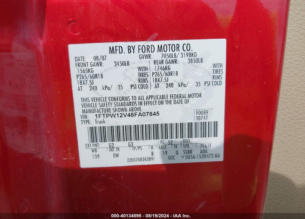 2008 FORD F-150 LARIAT VIN: 1FTPW12V48FA07845