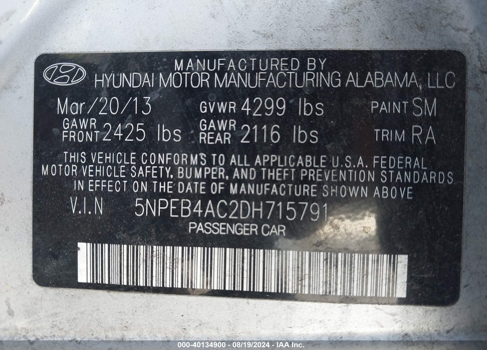 2013 HYUNDAI SONATA GLS VIN: 5NPEB4AC2DH715791