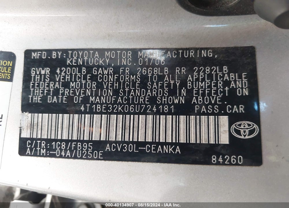 2006 TOYOTA CAMRY LE VIN: 4T1BE32K06U724181