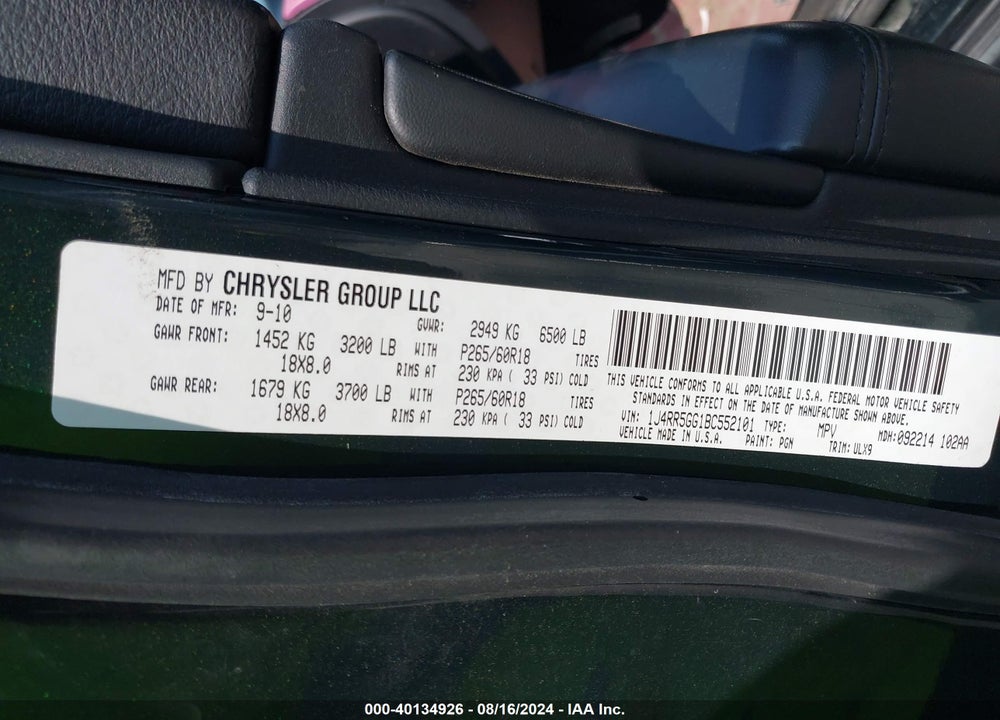 2011 JEEP GRAND CHEROKEE LIMITED VIN: 1J4RR5GG1BC552101