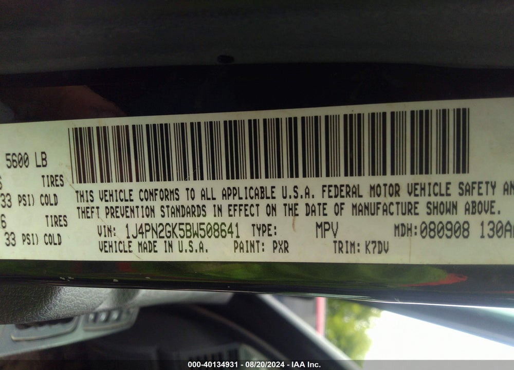 2011 JEEP LIBERTY SPORT VIN: 1J4PN2GK5BW508641