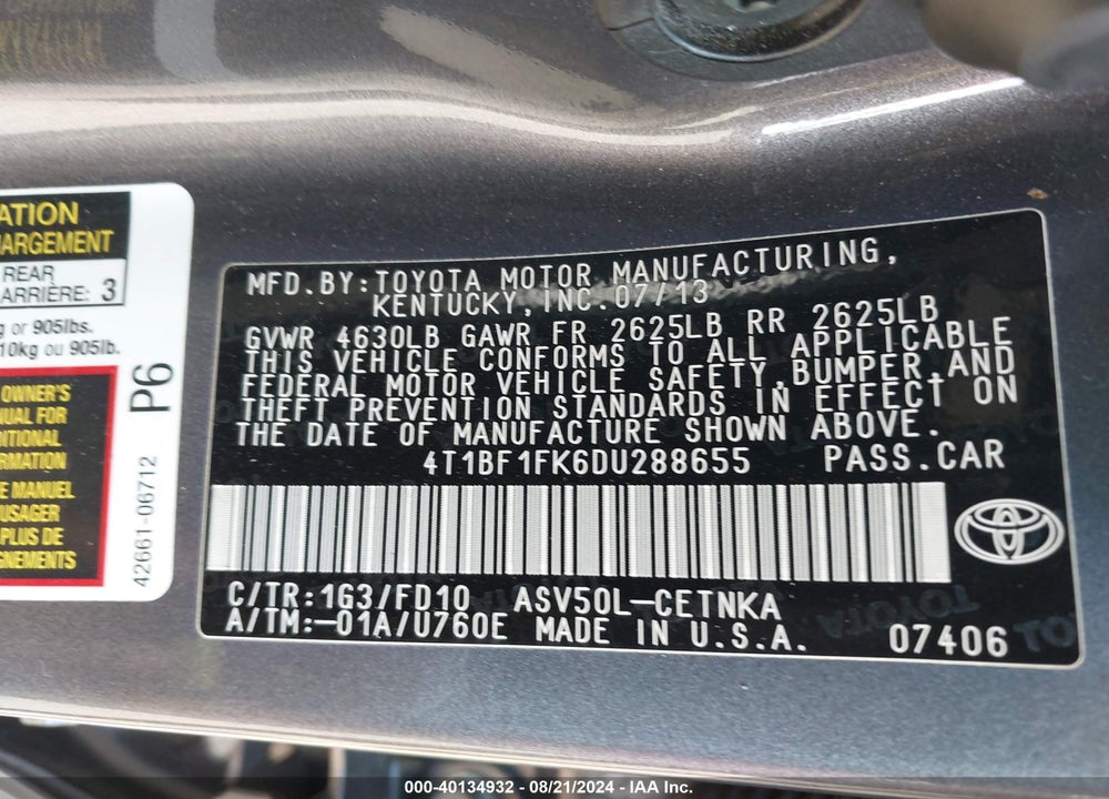 2013 TOYOTA CAMRY LE VIN: 4T1BF1FK6DU288655