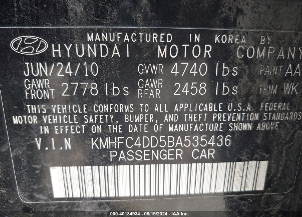 2011 HYUNDAI AZERA GLS VIN: KMHFC4DD5BA535436