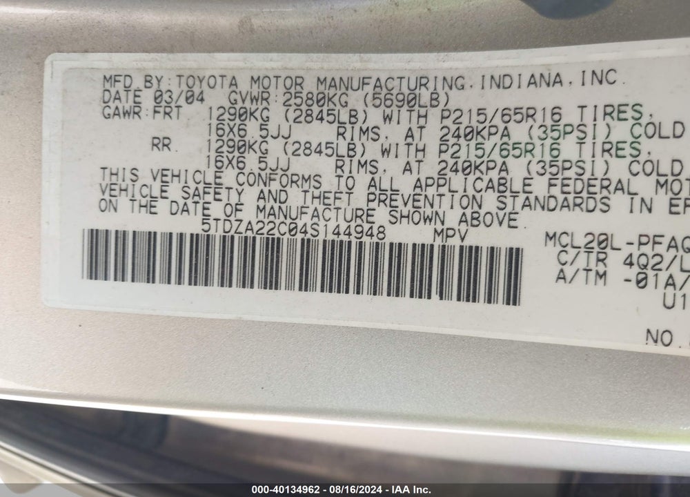 2004 TOYOTA SIENNA XLE VIN: 5TDZA22C04S144948