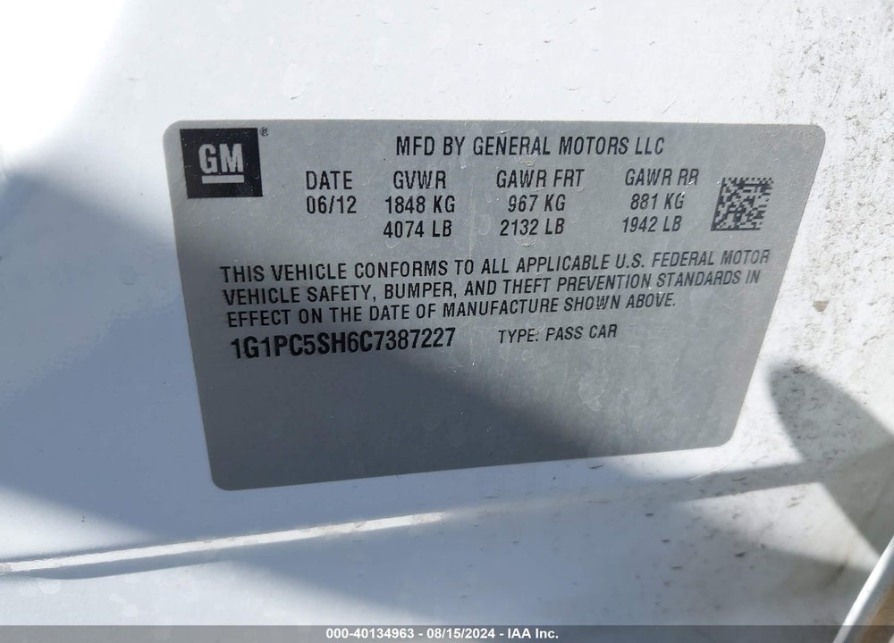 2012 CHEVROLET CRUZE LS VIN: 1G1PC5SH6C7387227