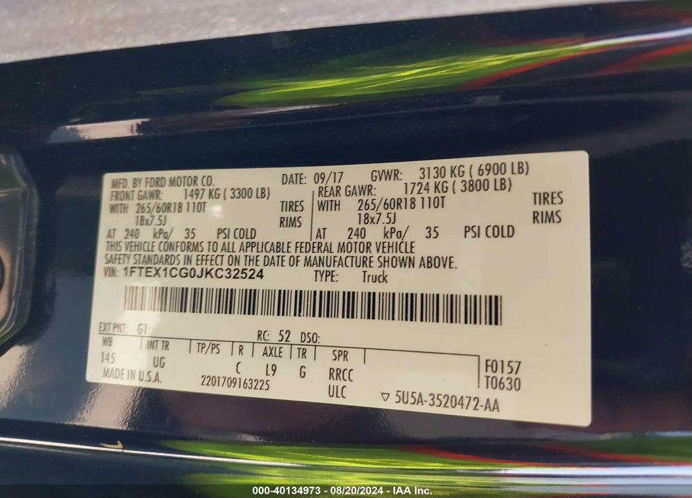 2018 FORD F-150 VIN: 1FTEX1CG0JKC32524
