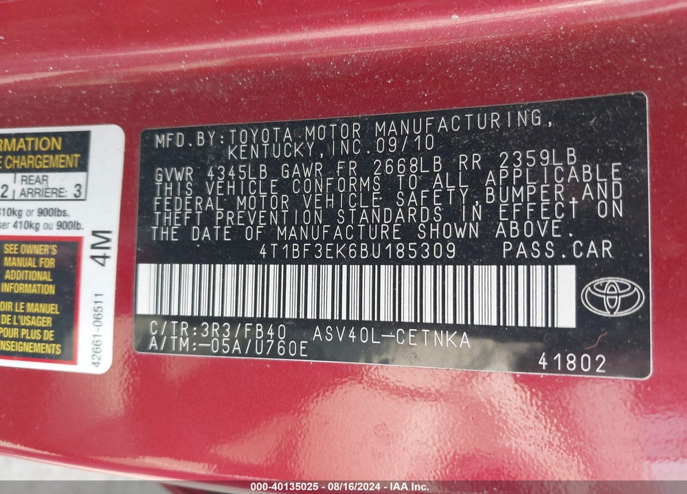 2011 TOYOTA CAMRY SE/LE/XLE VIN: 4T1BF3EK6BU185309