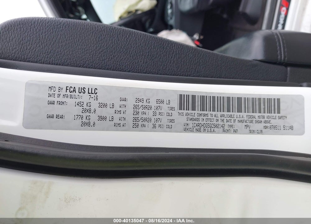 2016 DODGE DURANGO LIMITED VIN: 1C4RDHDG5GC502142