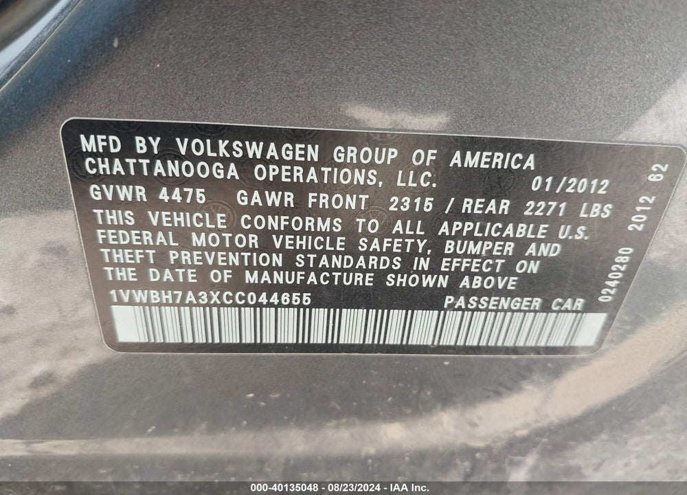 2012 VOLKSWAGEN PASSAT 2.5L SE VIN: 1VWBH7A3XCC044655