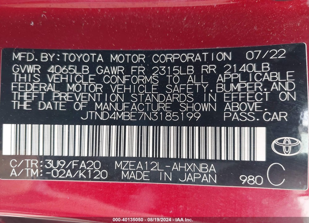 2022 TOYOTA COROLLA VIN: JTND4MBE7N3185199