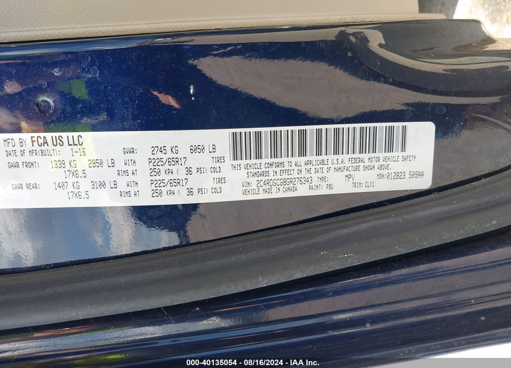 2016 DODGE GRAND CARAVAN SXT VIN: 2C4RDGCG8GR276343