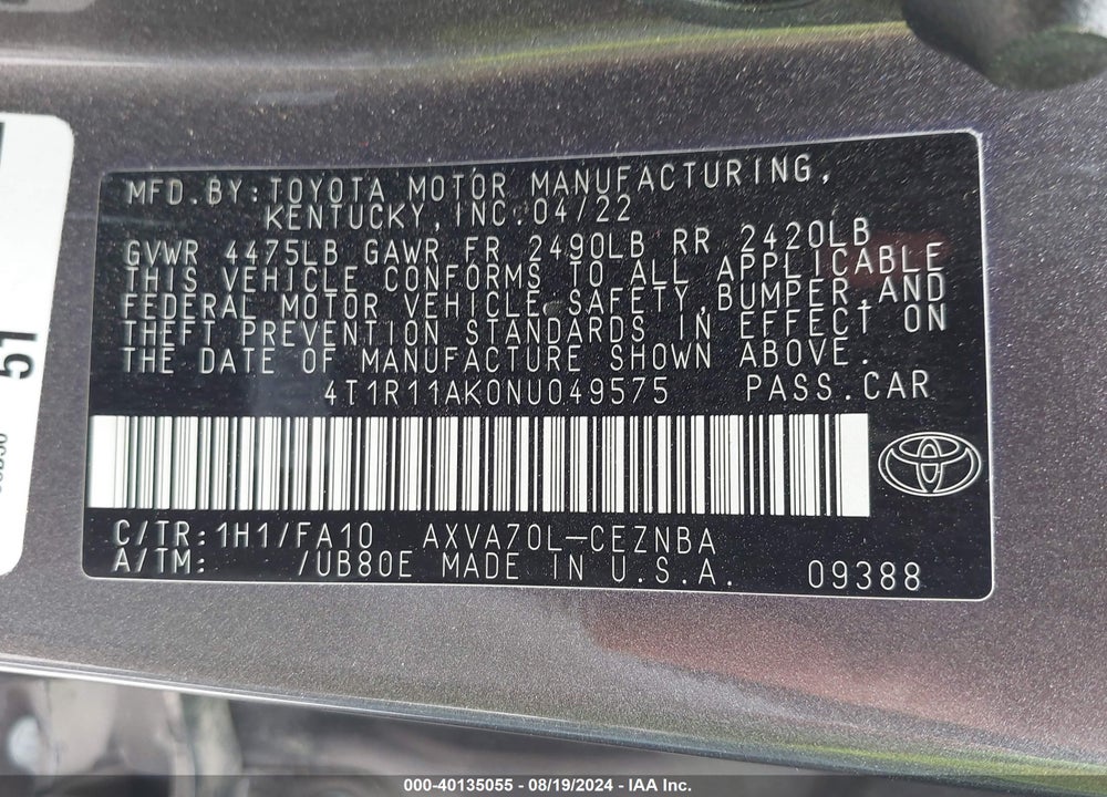 2022 TOYOTA CAMRY LE VIN: 4T1R11AK0NU049575