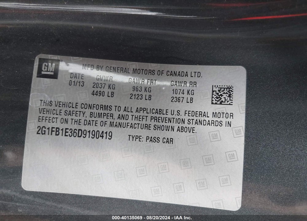 2013 CHEVROLET CAMARO 1LT VIN: 2G1FB1E36D9190419