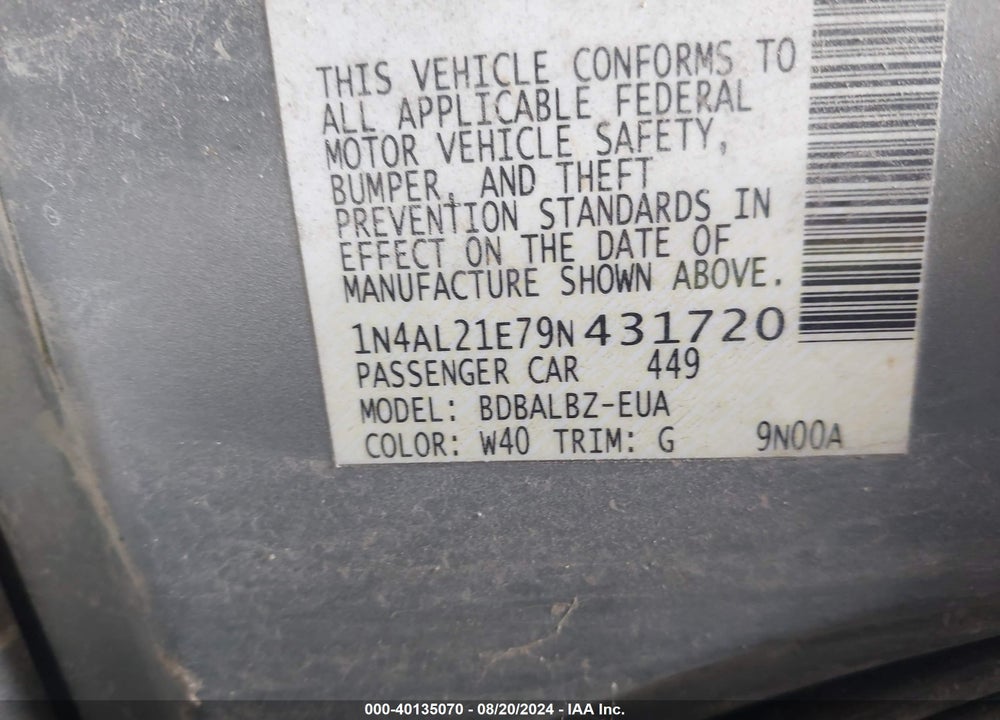 2009 NISSAN ALTIMA 2.5 S VIN: 1N4AL21E79N431720