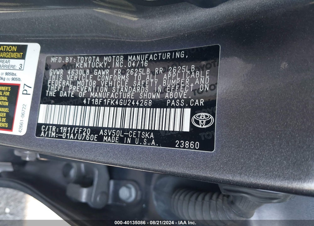2016 TOYOTA CAMRY SE VIN: 4T1BF1FK4GU244268