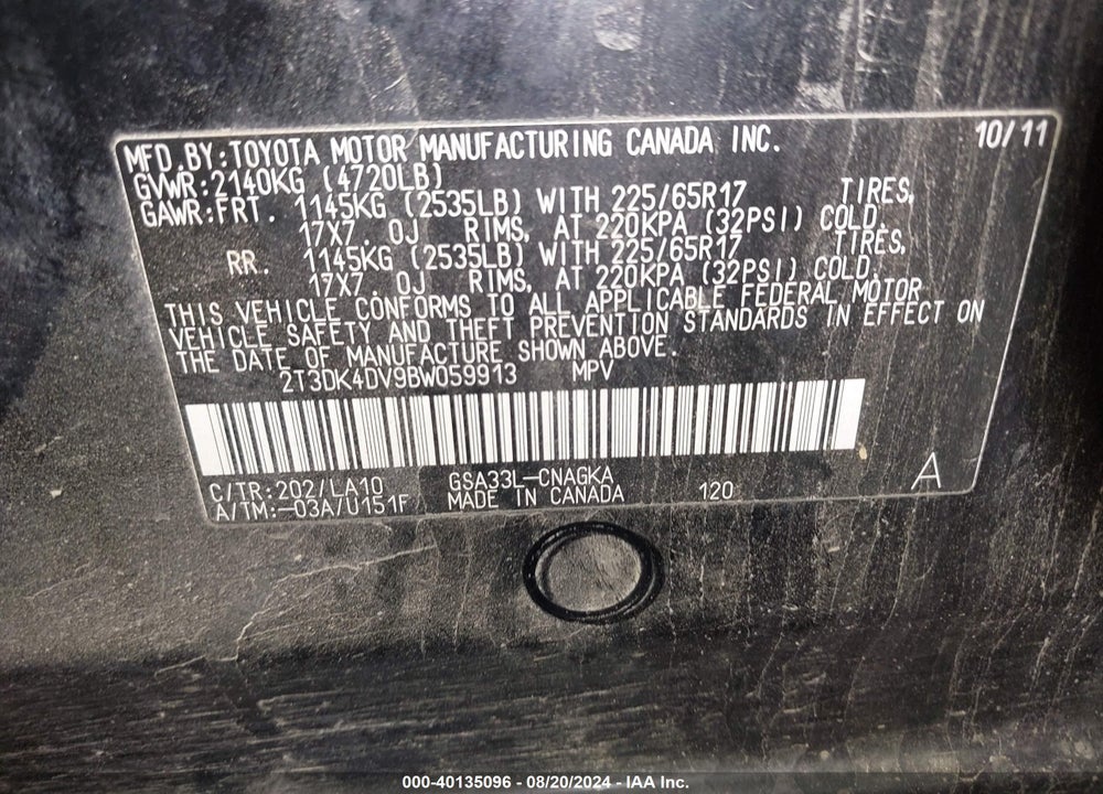 2011 TOYOTA RAV4 LIMITED V6 VIN: 2T3DK4DV9BW059913