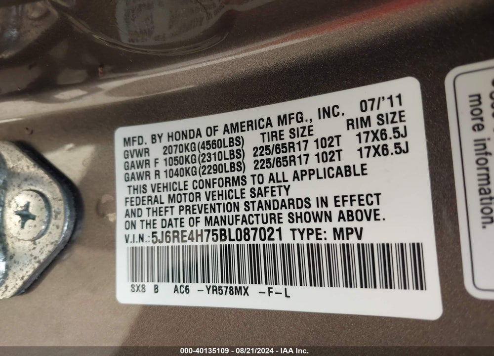 2011 HONDA CR-V EX-L VIN: 5J6RE4H75BL087021