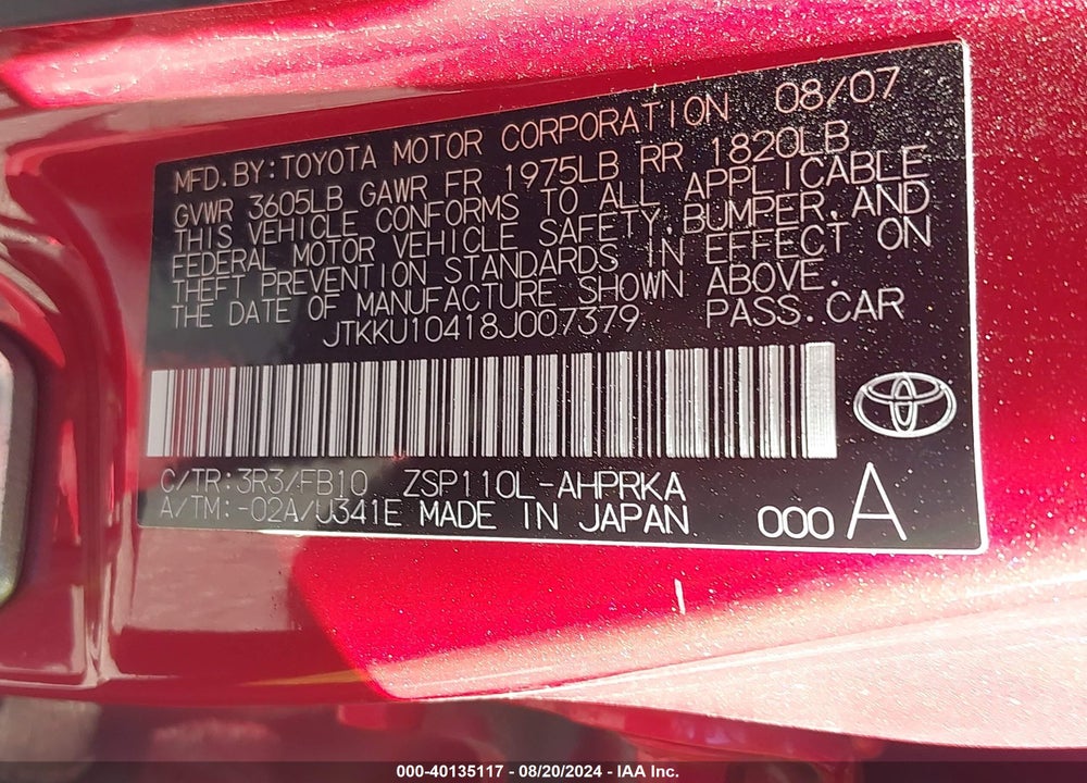 2008 SCION XD VIN: JTKKU10418J007379