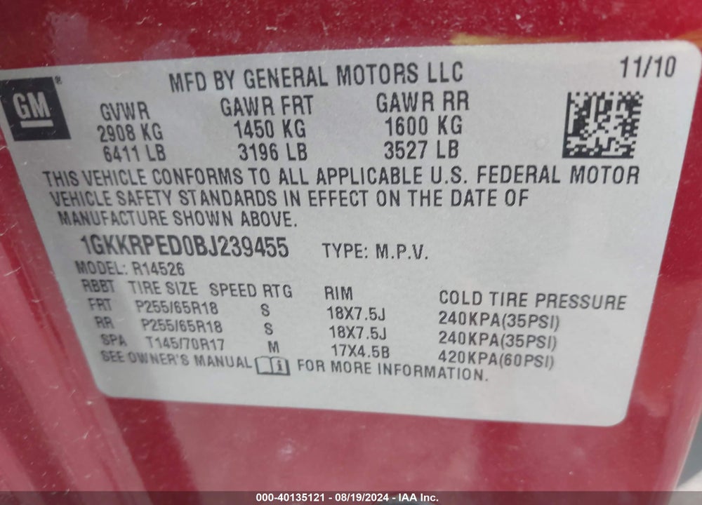 2011 GMC ACADIA SLE VIN: 1GKKRPED0BJ239455