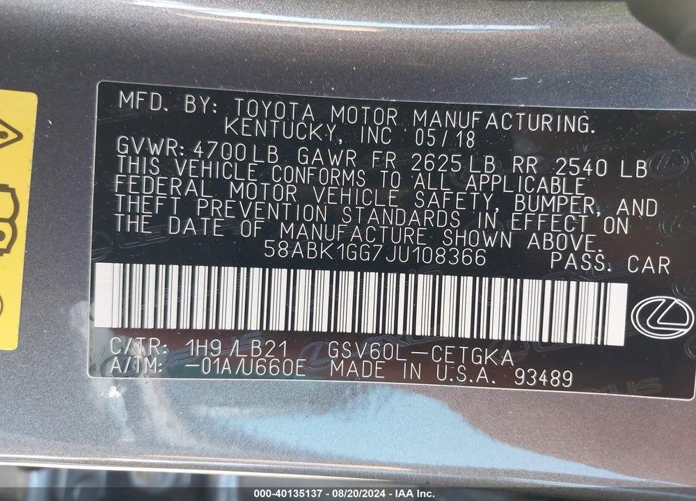 2018 LEXUS ES 350 VIN: 58ABK1GG7JU108366