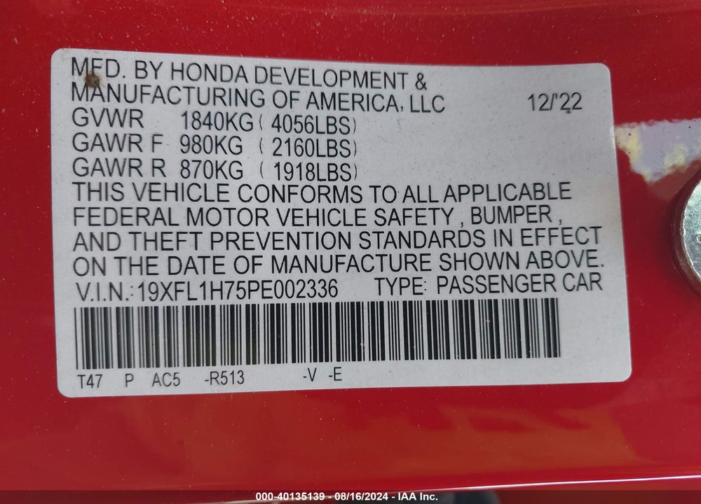 2023 HONDA CIVIC EX-L /EX-L W/O BSI VIN: 19XFL1H75PE002336
