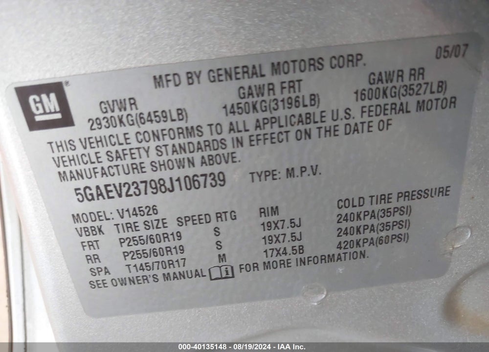 2008 BUICK ENCLAVE CXL VIN: 5GAEV23798J106739