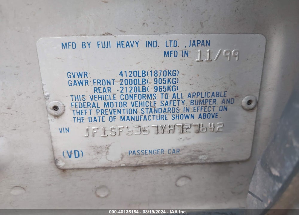 2000 SUBARU FORESTER L VIN: JF1SF6357YH727642