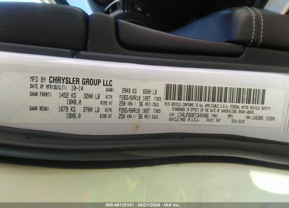 2015 JEEP GRAND CHEROKEE LIMITED VIN: 1C4RJFBG8FC645486