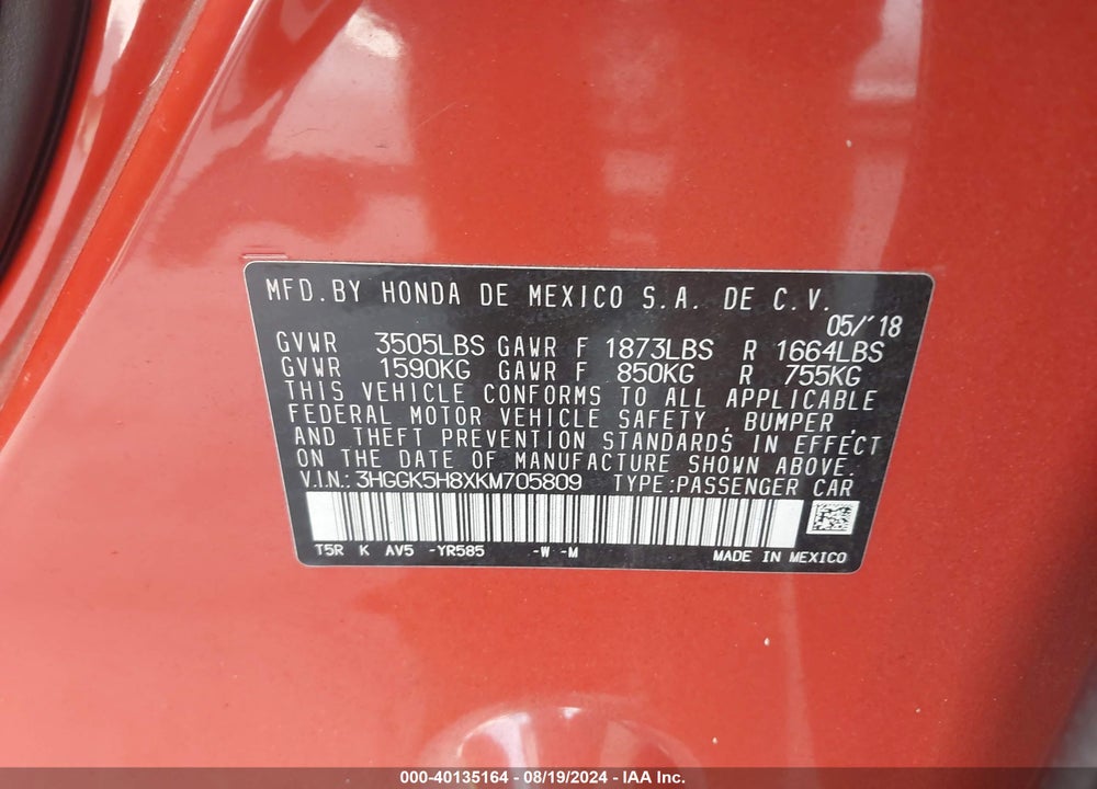2019 HONDA FIT EX VIN: 3HGGK5H8XKM705809