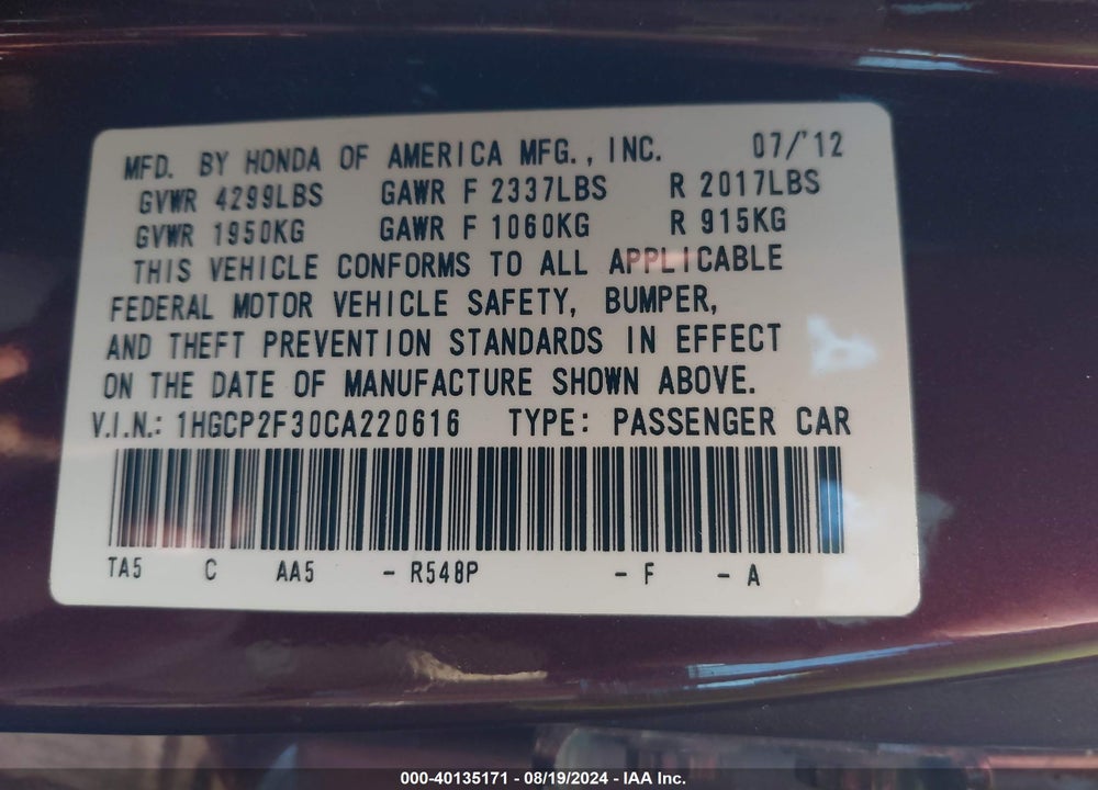 2012 HONDA ACCORD 2.4 LX VIN: 1HGCP2F30CA220616
