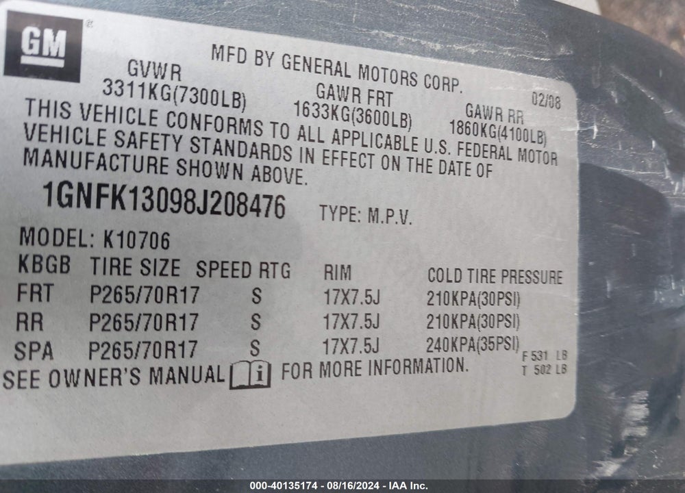2008 CHEVROLET TAHOE LT VIN: 1GNFK13098J208476