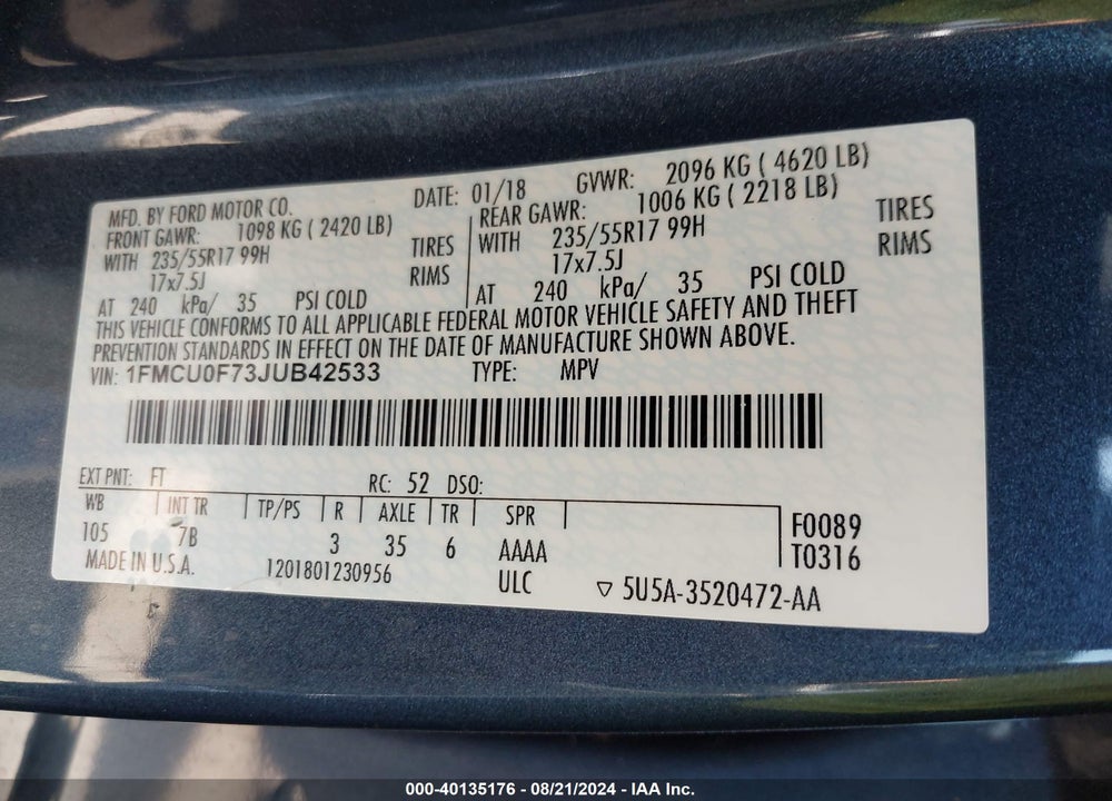 2018 FORD ESCAPE VIN: 1FMCU0F73JUB42533
