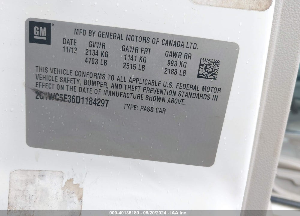 2013 CHEVROLET IMPALA LTZ VIN: 2G1WC5E36D1184297