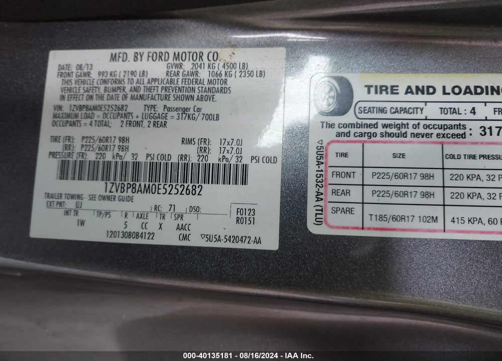 2014 FORD MUSTANG V6 VIN: 1ZVBP8AM0E5252682